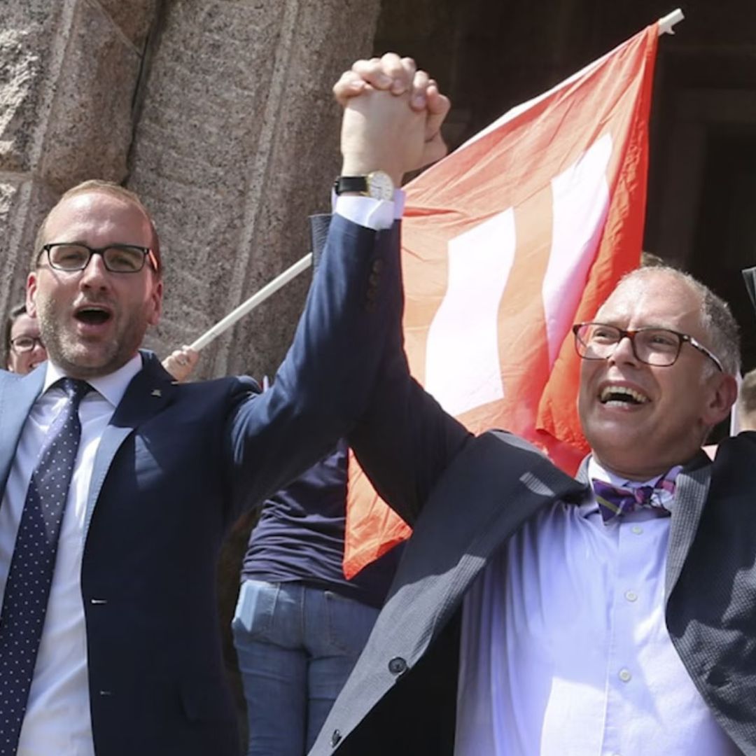 Jim Obergefell and former HRC President Chad Griffin claim victory outside the Supreme Court, 2015 (HRC)